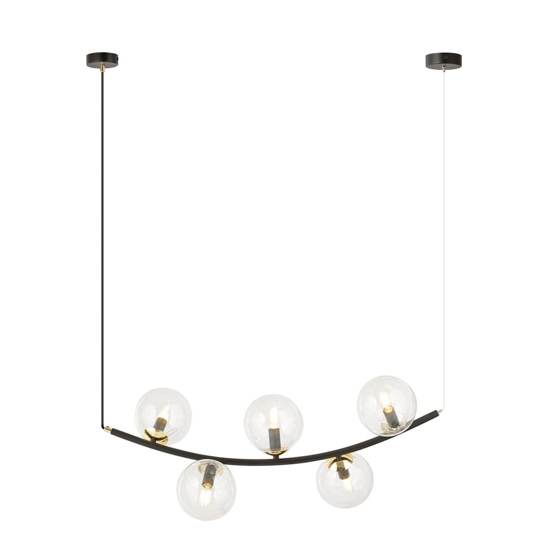 Lampa wisząca Ritz 5xE14 w kolorze czarnym z transparentnymi kloszami, zawieszona na cienkim przewodzie. Posiada pięć okrągłych, przezroczystych kul z widocznymi żarówkami, umieszczonych na lekko zakrzywionej metalowej konstrukcji.