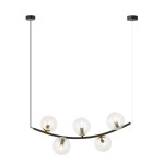 Lampa wisząca Ritz 5xE14 w kolorze czarnym z transparentnymi kloszami, zawieszona na cienkim przewodzie. Posiada pięć okrągłych, przezroczystych kul z widocznymi żarówkami, umieszczonych na lekko zakrzywionej metalowej konstrukcji.
