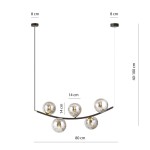 Lampa wisząca Ritz w kolorze czarnym i grafitowym, z pięcioma okrągłymi kloszami o średnicy 14 cm, zawieszona na metalowym elemencie. Wysokość regulowana od 40 do 100 cm, szerokość 80 cm. Klosze przezroczyste, z widocznymi źródłami światła.
