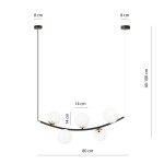 Lampa wisząca Ritz z pięcioma oprawami E14, w kolorze czarnym i białym. Okrągłe klosze z białego szkła o średnicy 14 cm zawieszone na czarnej, zakrzywionej ramie. Długość regulowana od 40 do 100 cm, szerokość 80 cm.