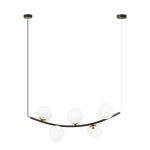 Lampa wisząca Ritz 5xE14 w kolorze czarnym i białym, z pięcioma okrągłymi kloszami z matowego szkła zawieszonymi na łukowatej metalowej podstawie. Klosze mają złote detale, lampa zawieszona na cienkim, prostym przewodzie.