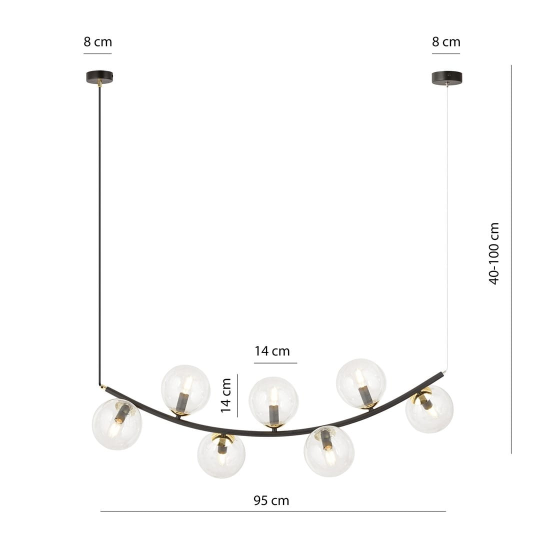 Lampa wisząca Ritz 7xE14 w kolorze czarnym i transparentnym. Posiada 7 kulistych kloszy o średnicy 14 cm, zawieszonych na łuku. Wymiary: długość 95 cm, regulowana wysokość 40-100 cm. Elementy metalowe w złotym kolorze.