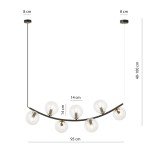 Lampa wisząca Ritz 7xE14 w kolorze czarnym i transparentnym. Posiada 7 kulistych kloszy o średnicy 14 cm, zawieszonych na łuku. Wymiary: długość 95 cm, regulowana wysokość 40-100 cm. Elementy metalowe w złotym kolorze.