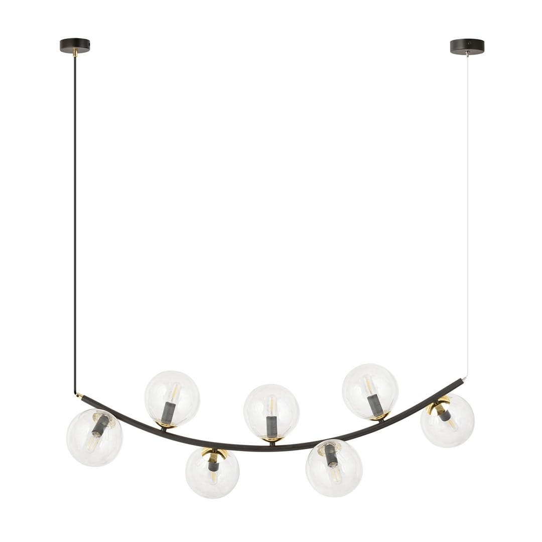 Lampa wisząca Ritz z siedmioma oprawami E14, o czarnej metalowej konstrukcji i przezroczystymi kulistymi kloszami. Zawieszona na cienkim przewodzie, z delikatnym zaokrągleniem, idealna do nowoczesnych wnętrz.