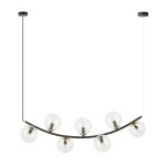 Lampa wisząca Ritz z siedmioma oprawami E14, o czarnej metalowej konstrukcji i przezroczystymi kulistymi kloszami. Zawieszona na cienkim przewodzie, z delikatnym zaokrągleniem, idealna do nowoczesnych wnętrz.
