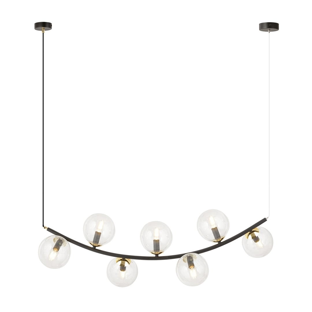 Lampa wisząca Ritz 7xE14 w kolorze czarnym z transparentnymi kloszami. Posiada siedem okrągłych szklanych bulb, zawieszonych na zakrzywionej metalowej ramie. Kąt ujęcia frontalny, produkt wiszący na długim przewodzie.