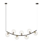 Lampa wisząca Ritz 7xE14 w kolorze czarnym z transparentnymi kloszami. Posiada siedem okrągłych szklanych bulb, zawieszonych na zakrzywionej metalowej ramie. Kąt ujęcia frontalny, produkt wiszący na długim przewodzie.