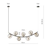 Czarna i grafitowa lampa wisząca Ritz z miejscem na 7 żarówek E14. Ma łukowaty kształt, długość 95 cm i regulowaną wysokość (40-100 cm). Szklane klosze o średnicy 14 cm. Montaż sufitowy z minimalistycznym wykończeniem.