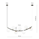 Lampa wisząca Ritz 7xE14 w kolorze czarnym i białym. Składa się z siedmiu białych, okrągłych kloszy zawieszonych na czarnym, zakrzywionym ramieniu. Wysokość regulowana od 40 do 100 cm, szerokość 95 cm, średnica kloszy 14 cm, średnica podsufitki 8 cm.