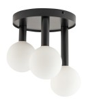 Lampa sufitowa Perla z trzema źródłami światła G9, czarna metalowa oprawa z okrągłymi, białymi kloszami. Ujęcie frontalne, zawieszona na suficie, minimalistyczny design.