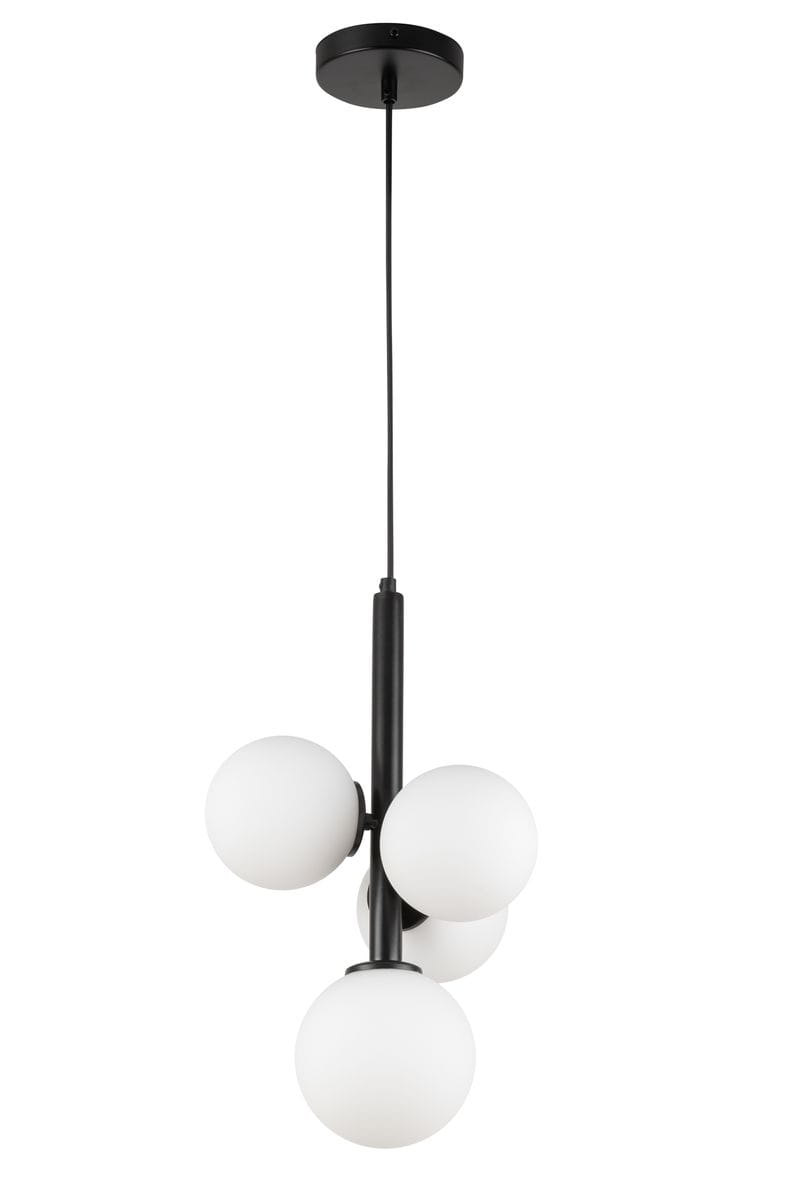 Lampa wisząca Perla w kolorze czarnym i białym z czterema kulistymi kloszami z matowego szkła. Ujęcie z dołu, prezentujące podwieszony projekt z prostym, cylindrycznym elementem montażowym.