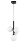 Lampa wisząca Perla w kolorze czarnym i białym z czterema kulistymi kloszami z matowego szkła. Ujęcie z dołu, prezentujące podwieszony projekt z prostym, cylindrycznym elementem montażowym.