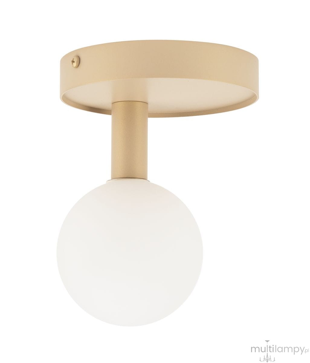 Lampa sufitowa Perla w kolorze złotym i białym, z okrągłym, matowym kloszem i metalowym mocowaniem. Ujęcie frontalne, lampa zamontowana na suficie, idealna do nowoczesnych wnętrz. Wymiary klosza i mocowania są niewidoczne.