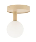 Lampa sufitowa Perla w kolorze złotym i białym, z okrągłym, matowym kloszem i metalowym mocowaniem. Ujęcie frontalne, lampa zamontowana na suficie, idealna do nowoczesnych wnętrz. Wymiary klosza i mocowania są niewidoczne.