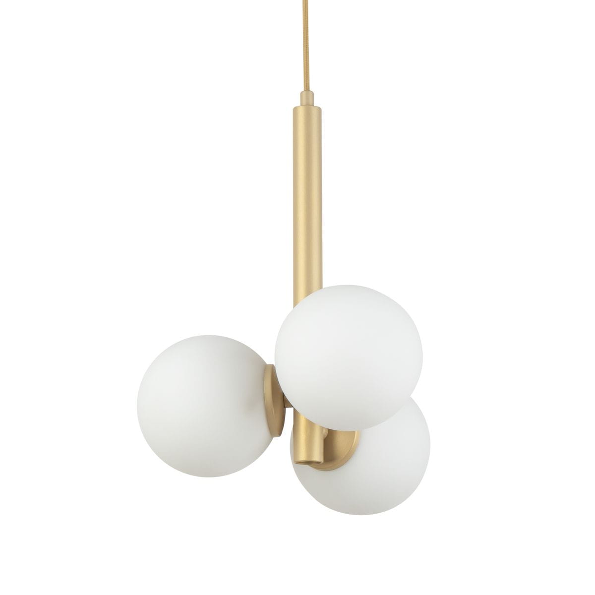 Lampa wisząca Perla z trzema okrągłymi kloszami z białego szkła, zawieszona na złotej rurze. Klosze są równomiernie rozmieszczone, tworząc nowoczesny, minimalistyczny design. Wysokość lampy jest regulowana, idealna do wnętrz.