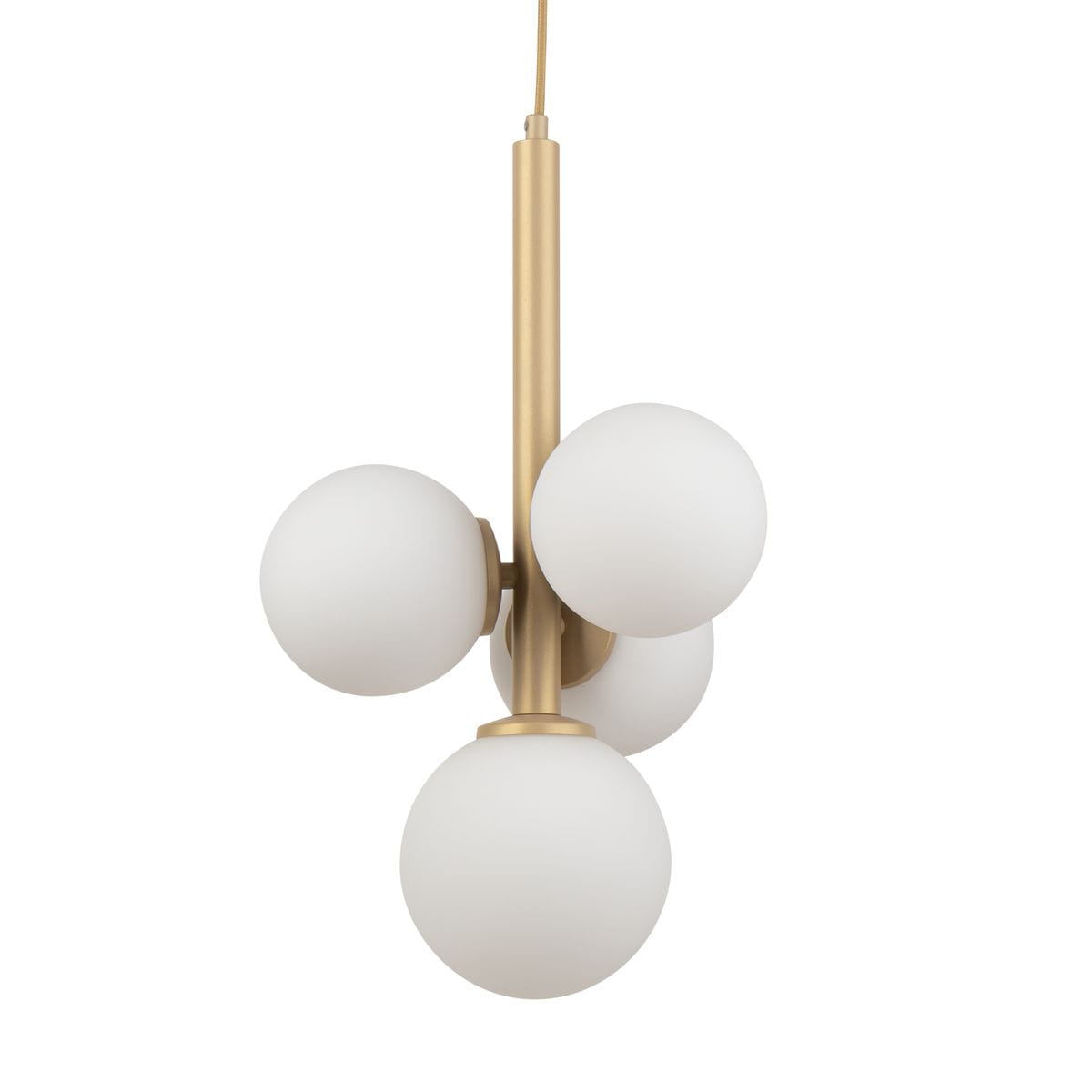 Lampa wisząca Perla z czterema kulistymi kloszami z białego szkła na złotej konstrukcji. Ujęcie frontalne, produkt zawieszony, bez dodatkowych elementów w tle. Wymiary nieokreślone, nowoczesny design.