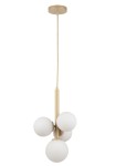 Lampa wisząca Perla w kolorze złotym i białym z czterema okrągłymi, matowymi kloszami. Produkt zawieszony na cienkim przewodzie, z centralnym wspornikiem. Klosze rozmieszczone w różnych kierunkach, tworząc nowoczesny design.