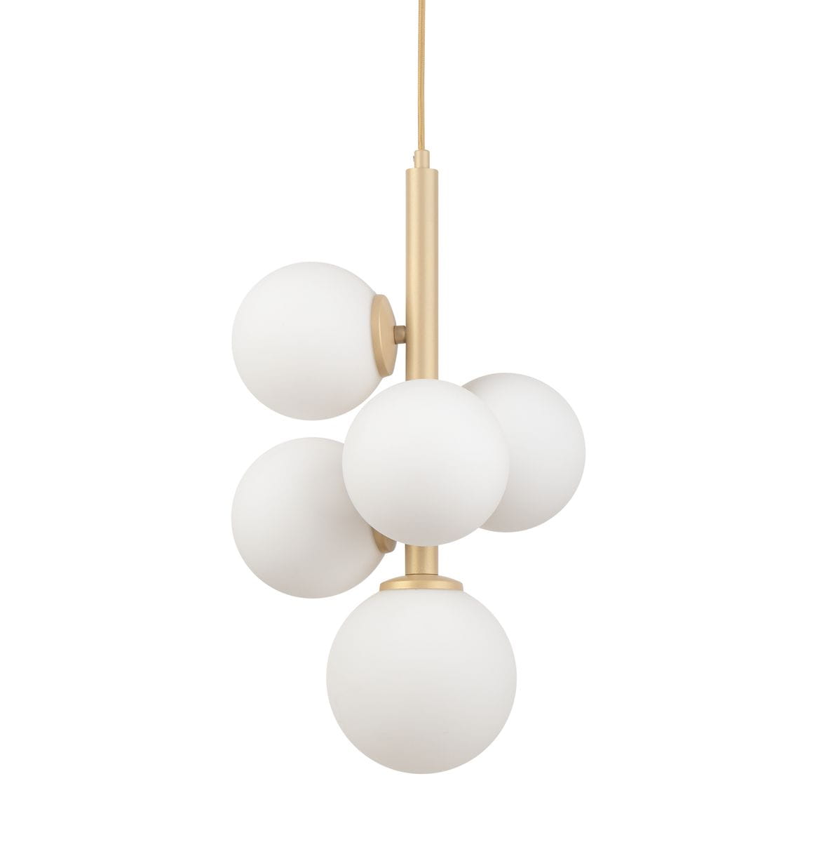 Lampa wisząca Perla z pięcioma okrągłymi kloszami w kolorze białym, zawieszona na złotej rurze. Klosze mają matową fakturę, a lampa ma nowoczesny, minimalistyczny design, idealna do wnętrz.