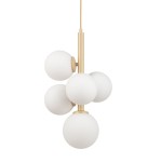 Lampa wisząca Perla z pięcioma okrągłymi kloszami w kolorze białym, zawieszona na złotej rurze. Klosze mają matową fakturę, a lampa ma nowoczesny, minimalistyczny design, idealna do wnętrz.