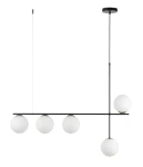 Lampa wisząca Silia 5xG9 w czarnej i białej kolorystyce. Składa się z pięciu białych, okrągłych kloszy zawieszonych na poziomej, czarnej konstrukcji. Wisi na cienkim przewodzie, z okrągłym, czarnym mocowaniem sufitowym.