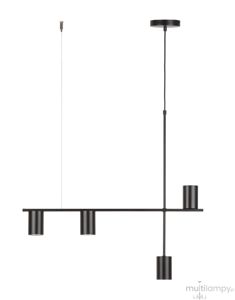 Lampa wisząca Vendo w kolorze czarnym, z czterema oprawami na żarówki GU10. Posiada minimalistyczny design z prostą, poziomą belką i trzy cylindryczne klosze, zawieszona na cienkim przewodzie.