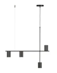 Lampa wisząca Vendo w kolorze czarnym, z czterema oprawami na żarówki GU10. Posiada minimalistyczny design z prostą, poziomą belką i trzy cylindryczne klosze, zawieszona na cienkim przewodzie.