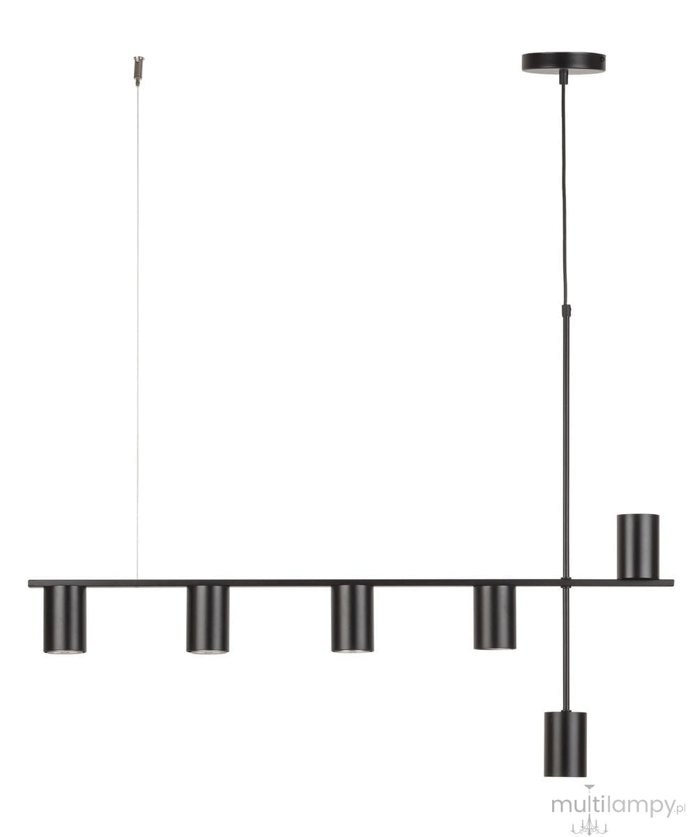 Czarna lampa wisząca Vendo z sześcioma miejscami na żarówki GU10. Prosta, minimalistyczna konstrukcja z poziomą belką i pionowym zawieszeniem. Idealna do nowoczesnych wnętrz.