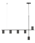Czarna lampa wisząca Vendo z sześcioma miejscami na żarówki GU10. Prosta, minimalistyczna konstrukcja z poziomą belką i pionowym zawieszeniem. Idealna do nowoczesnych wnętrz.