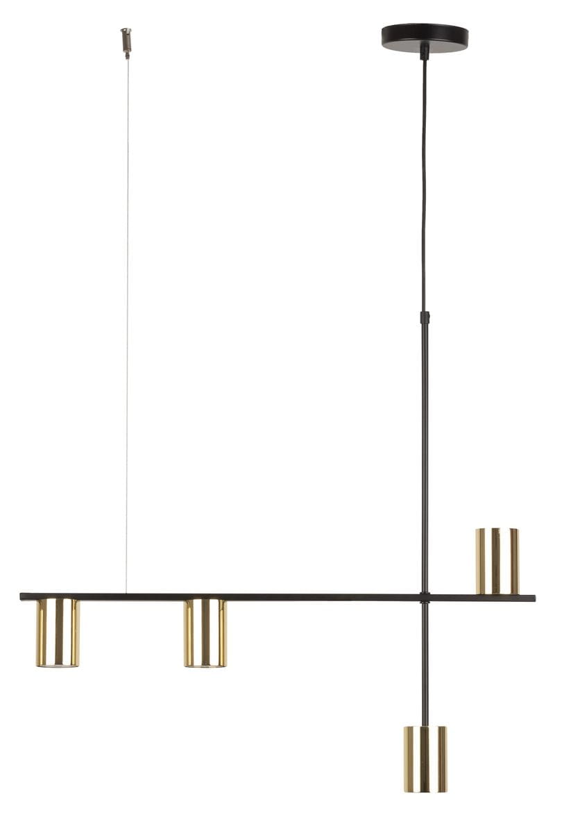Lampa wisząca Vendo w kolorze czarnym z mosiężnymi detalami, z czterema oprawami na żarówki GU10. Ułożona poziomo, z cienkim kablem zwisającym z górnej części. Minimalistyczny design z geometrycznymi kształtami.
