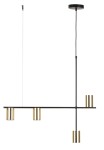 Lampa wisząca Vendo w kolorze czarnym z mosiężnymi detalami, z czterema oprawami na żarówki GU10. Ułożona poziomo, z cienkim kablem zwisającym z górnej części. Minimalistyczny design z geometrycznymi kształtami.