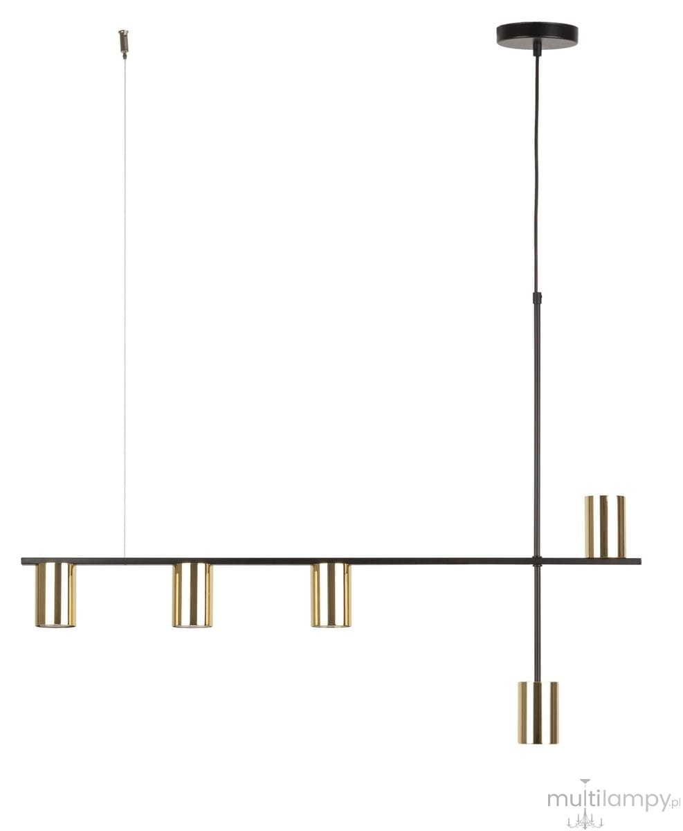 Lampa wisząca Vendo 5xGU10 w kolorze czarnym z mosiężnymi detalami. Ułożona poziomo, z pięcioma cylindrycznymi punktami świetlnymi. Przewód zawieszony, wykończenie minimalistyczne i nowoczesne. Tło białe, co podkreśla elegancję lampy.