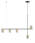 Lampa wisząca Vendo 5xGU10 w kolorze czarnym z mosiężnymi detalami. Ułożona poziomo, z pięcioma cylindrycznymi punktami świetlnymi. Przewód zawieszony, wykończenie minimalistyczne i nowoczesne. Tło białe, co podkreśla elegancję lampy.
