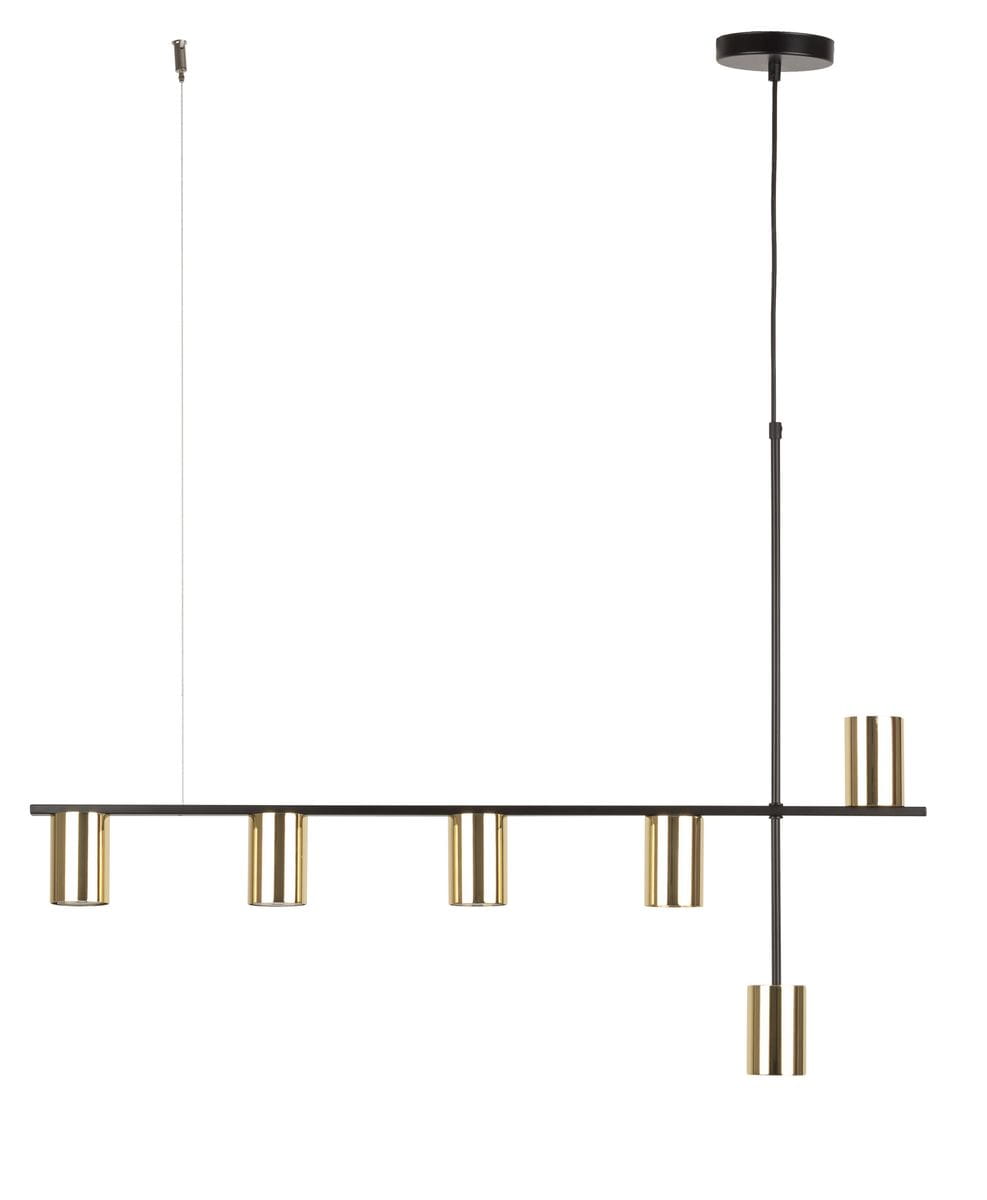 Lampa wisząca Vendo z sześcioma oprawami GU10, w kolorze czarnym i mosiężnym. Prosta konstrukcja z poziomą belką i okrągłym mocowaniem sufitowym. Oprawy mają cylindryczny kształt, zawieszone na smukłych linkach.