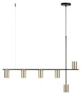 Lampa wisząca Vendo z sześcioma oprawami GU10, w kolorze czarnym i mosiężnym. Prosta konstrukcja z poziomą belką i okrągłym mocowaniem sufitowym. Oprawy mają cylindryczny kształt, zawieszone na smukłych linkach.
