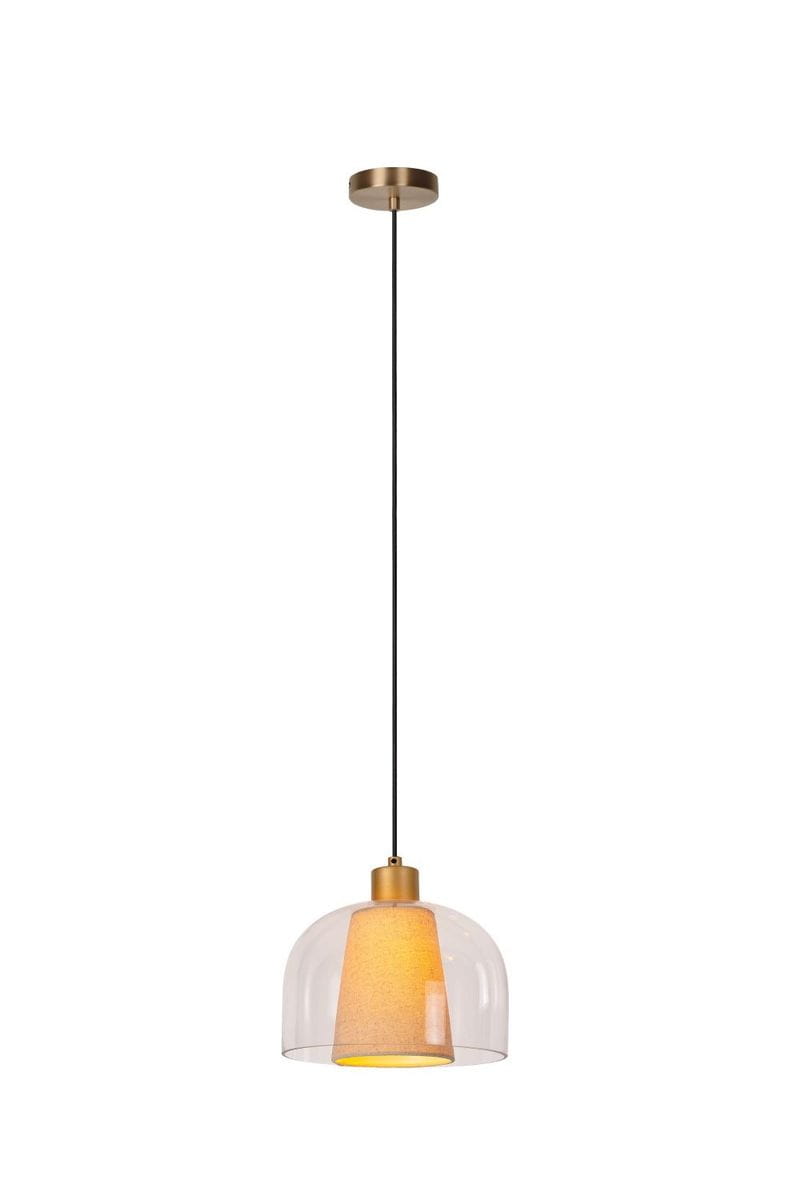 Lampa wisząca Gunhild z jednym gniazdem E27, w złotym kolorze, z przezroczystym kloszem w kształcie dzwonu. Zawieszona na czarnym przewodzie, z metalowym mocowaniem sufitowym. Idealna do nowoczesnych wnętrz.