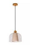 Lampa wisząca Gunhild z kloszem w kształcie dzwonu, wykonanym z przezroczystego szkła. Wewnątrz znajduje się materiałowy, beżowy abażur. Zawieszona na czarnym przewodzie, z metalowym złotym mocowaniem sufitowym.