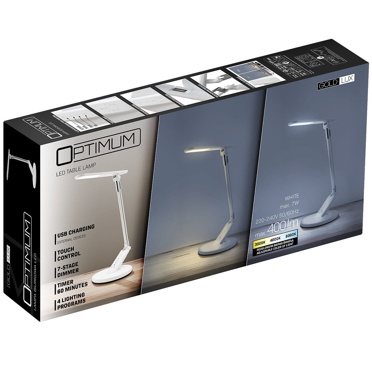 Lampka biurkowa Optimum LED 7W/400lm w kolorze białym z funkcją USB do ładowania, dotykowym sterowaniem, 7-stopniowym dimmerem oraz timerem. Ustawiona na białym tle, z widocznymi detalami, takimi jak logo i parametry techniczne.