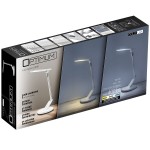 Lampka biurkowa Optimum LED 7W/400lm w kolorze białym z funkcją USB do ładowania, dotykowym sterowaniem, 7-stopniowym dimmerem oraz timerem. Ustawiona na białym tle, z widocznymi detalami, takimi jak logo i parametry techniczne.