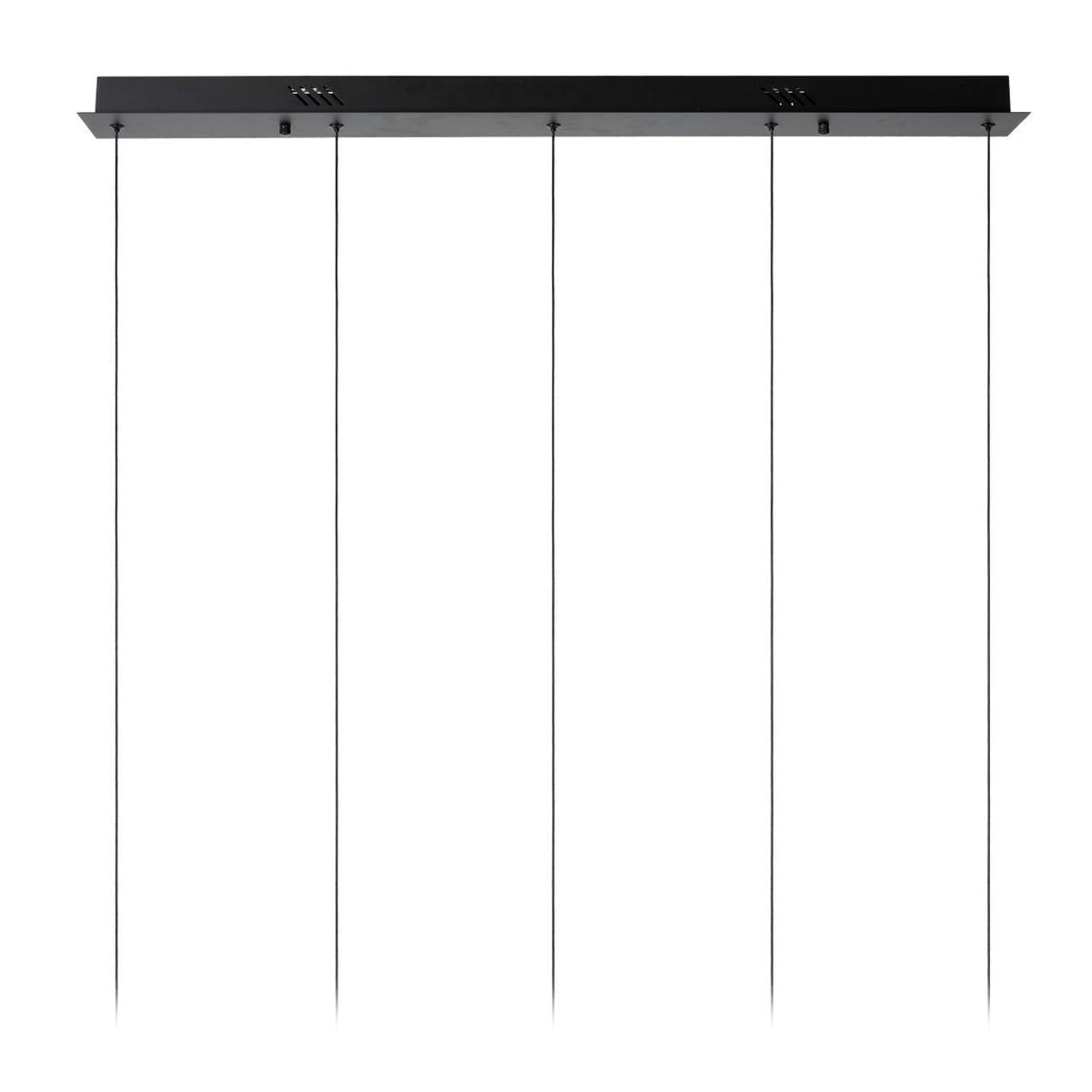 Lampa wisząca Sentubal czarna z pięcioma źródłami LED (5x5,3W). Posiada prostokątny, płaski sufitowy uchwyt oraz cienkie, regulowane przewody. Produkt zawieszony w poziomie, bez dodatkowych elementów dekoracyjnych.