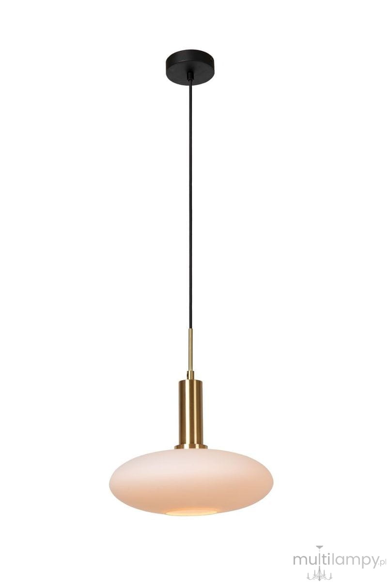 Lampa wisząca Signala 1xE27 w kolorze złotym i czarnym, z okrągłym kloszem z mlecznego szkła. Ujęcie frontalne, zawieszona na cienkim czarnym przewodzie. Stylowy design, idealna do nowoczesnych wnętrz.