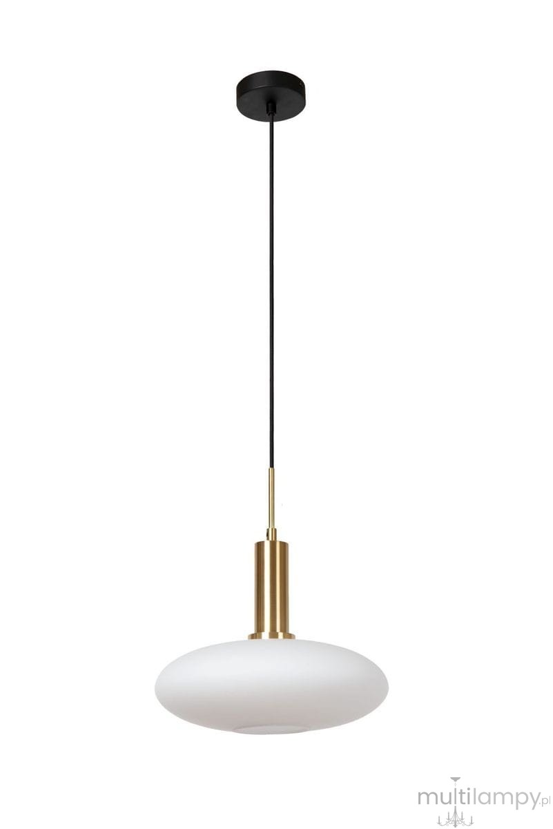 Lampa wisząca Signala z jedną oprawą E27, o złotej podstawie i czarnym przewodzie. Szklany klosz w kształcie owalnym, matowy, w białym kolorze. Zawieszona na czarnym stelażu, idealna do nowoczesnych wnętrz.