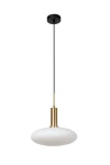Lampa wisząca Signala z jedną oprawą E27, o złotej podstawie i czarnym przewodzie. Szklany klosz w kształcie owalnym, matowy, w białym kolorze. Zawieszona na czarnym stelażu, idealna do nowoczesnych wnętrz.