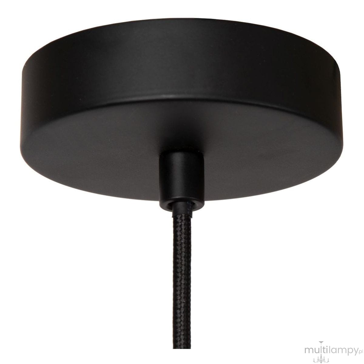 Lampa wisząca Signala z mocowaniem w kolorze czarnym, z okrągłym, matowym sufitowym elementem. Widoczny czarny kabel tekstylny łączący lampę z sufitem. Produkt przeznaczony do żarówki E27.