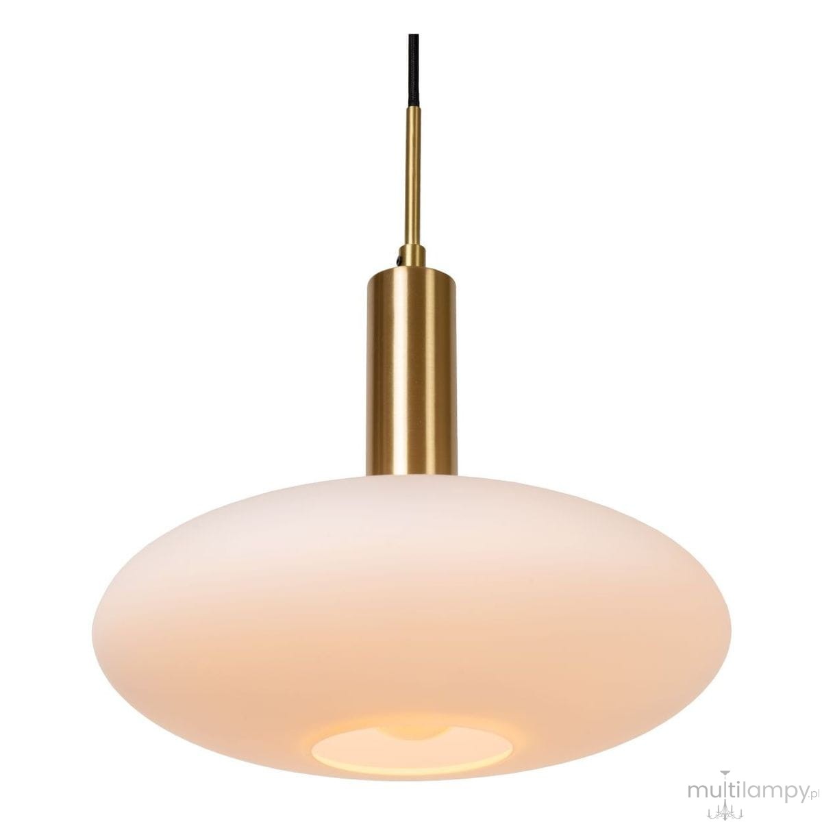Lampa wisząca Signala z oprawą w złotym kolorze i szklanym kloszem w kształcie owalnym. Wisi na czarnym przewodzie. Wewnątrz znajduje się miejsce na żarówkę E27, emitująca ciepłe światło. Idealna do nowoczesnych wnętrz.