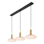 Lampa wisząca Signala z trzema kloszami w kształcie owalnym, wykonana z matowego szkła w kolorze białym, z metalowymi elementami w złotym kolorze. Zawieszona na czarnej listwie sufitowej, z widocznymi przewodami.