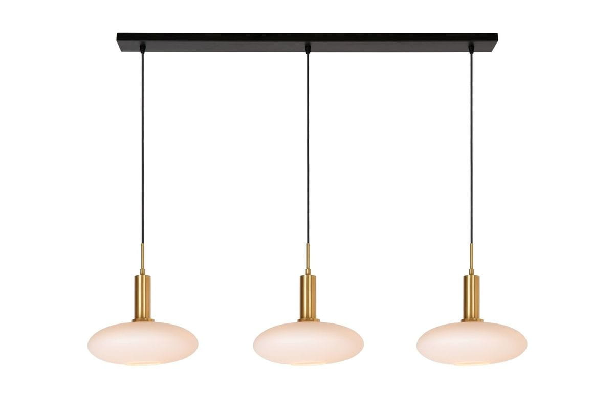 Lampa wisząca Signala 3xE27 w kolorze złotym i czarnym. Składa się z trzech okrągłych kloszy z matowego szkła, zawieszonych na długich czarnych linkach. Stelaż w kolorze czarnym, elegancka forma idealna do nowoczesnych wnętrz.