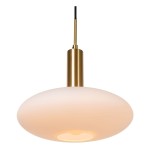 Lampa wisząca Signala 3xE27 w kolorze złotym i czarnym, z okrągłym kloszem z matowego szkła w jasnym odcieniu. Ujęcie z dołu, zawieszona na cienkim czarnym przewodzie. Wysokiej jakości materiał, elegancki design, idealna do nowoczesnych wnętrz.