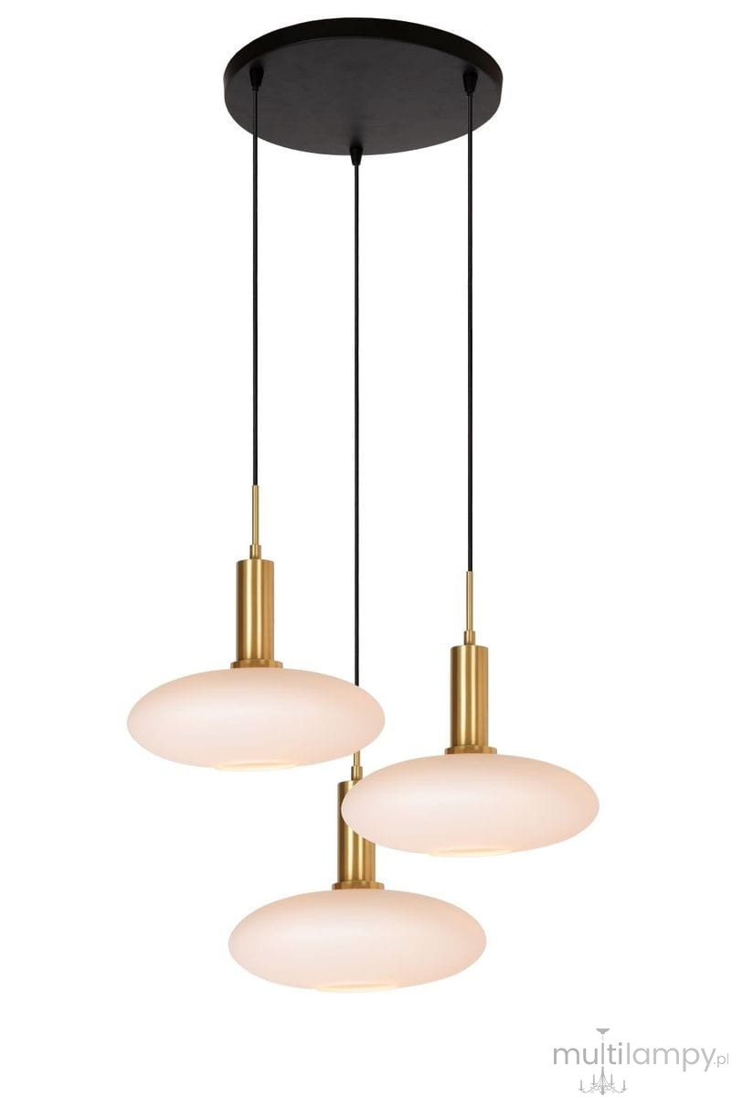 Lampa wisząca Signala 3xE27 w kolorze złotym i czarnym. Posiada trzy okrągłe klosze z mlecznego szkła zawieszone na czarnych linkach. Montowana na okrągłej, czarnej podstawie sufitowej.