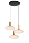 Lampa wisząca Signala 3xE27 w kolorze złotym i czarnym. Posiada trzy okrągłe klosze z mlecznego szkła zawieszone na czarnych linkach. Montowana na okrągłej, czarnej podstawie sufitowej.
