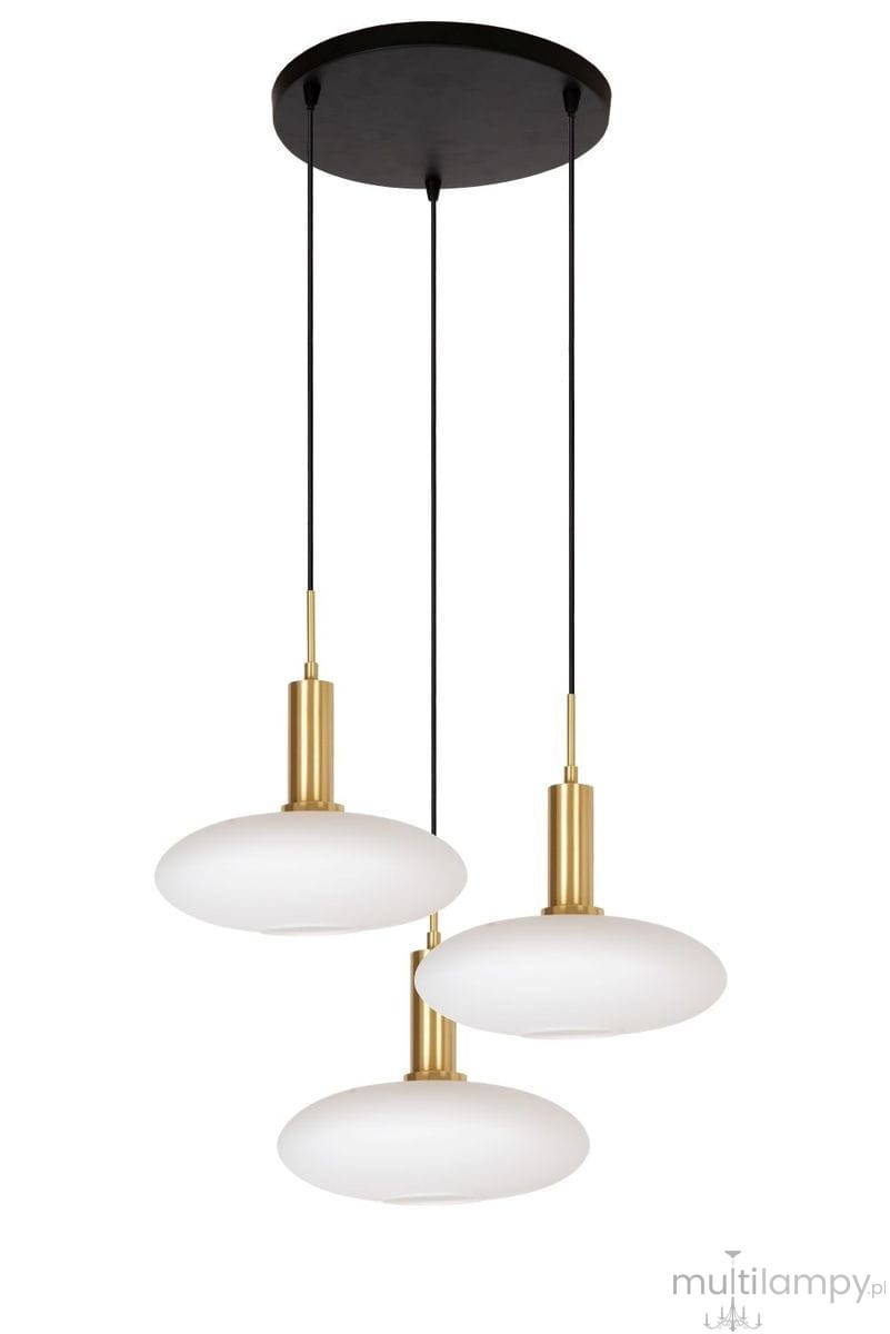 Lampa wisząca Signala 3xE27 w kolorze złotym i czarnym, z trzema okrągłymi kloszami z białego szkła. Zawieszona na czarnych przewodach, z okrągłym, czarnym stropem. Klosze mają gładką, lekko zaokrągloną formę.